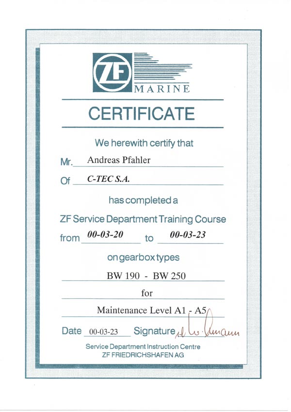 Certificate ZF MARINE
